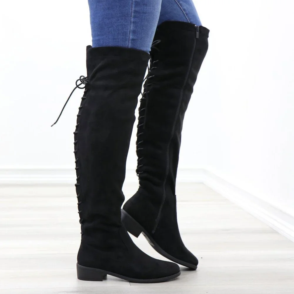 Black Over-the-Knee Boots Size 6 Lace-Up Back Flat Sole Tall Shaft Faux Suede